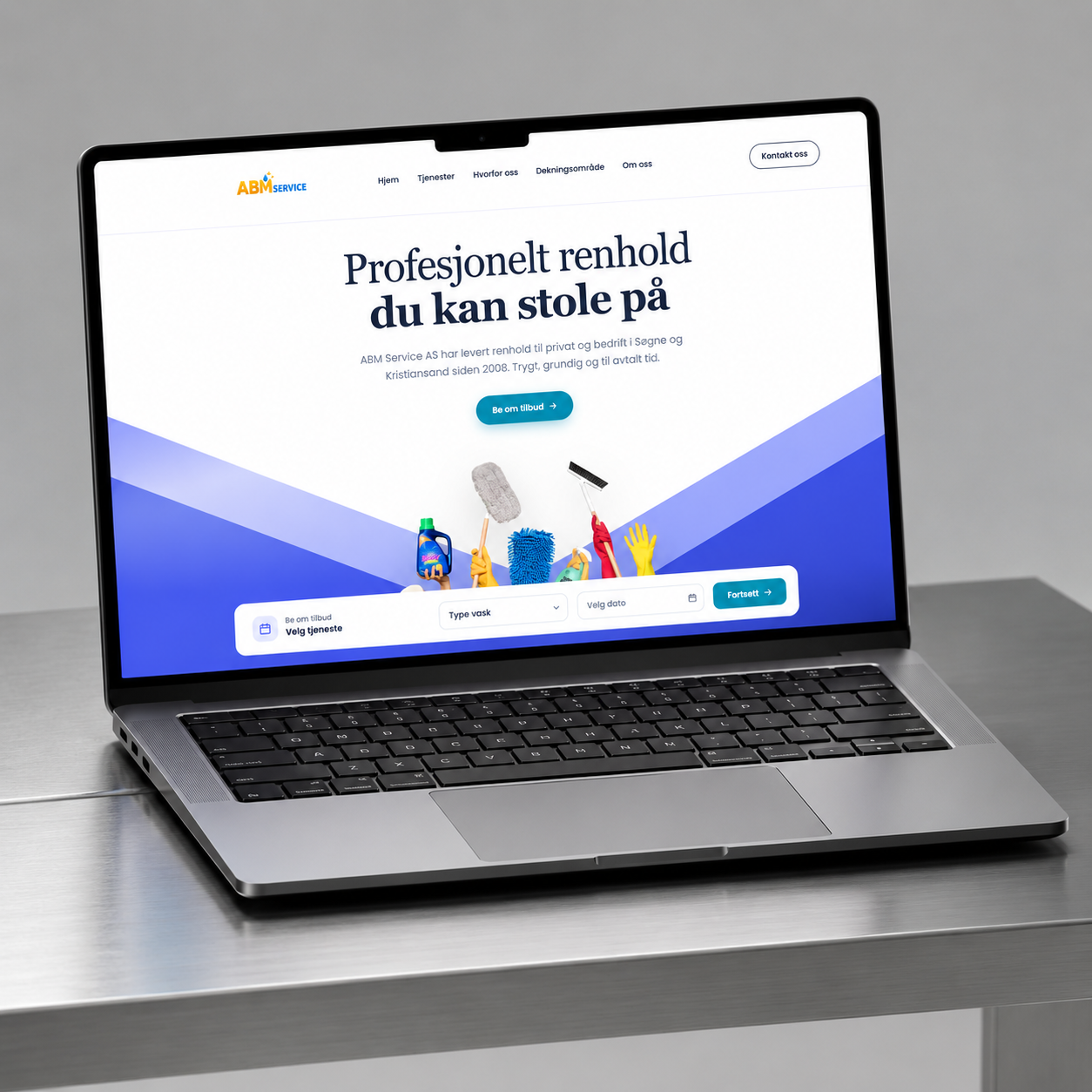 ABM Service-nettsiden vist på en bærbar datamaskin